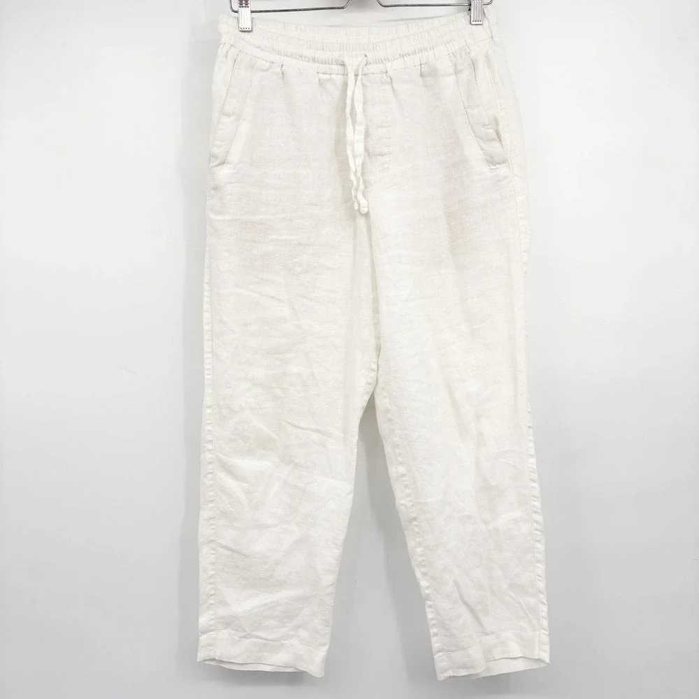 Zara Womens White 100% Linen Elastic Waist Coastal Beachy Wide Leg Pants Size M